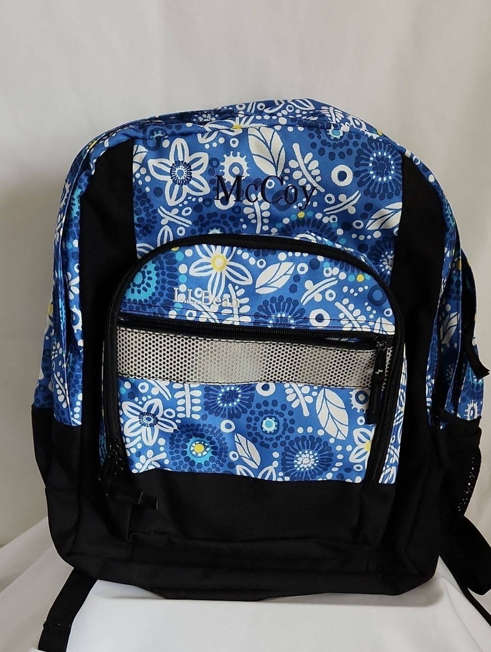 LL Bean Blue Floral Print Backpack with Navy Accents
